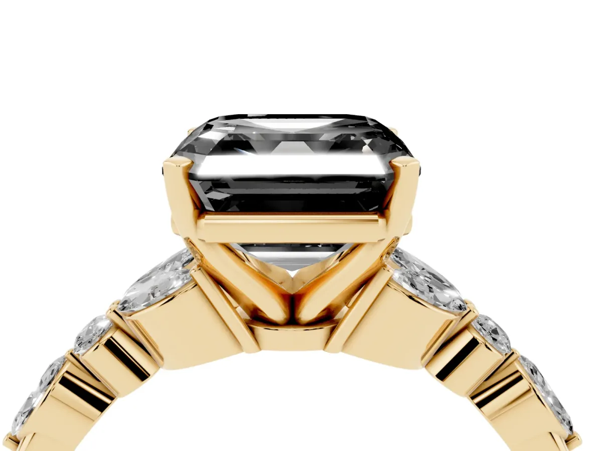 Fancy Black Asscher Cut Diamond Solitaire Ring with Side Stones and Four-Prong Setting Yellow gold