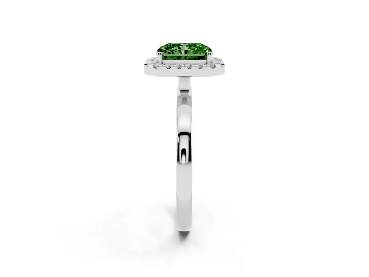 Fancy Green Radiant Cut Halo Diamond Solitaire with Pavé Band and Four-Prong Setting Platinum