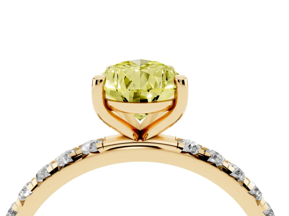 Fancy Yellow Pear Cut Cut Diamond Solitaire Ring with Micro Pave Band and Four Prong Setting Yellow gold
