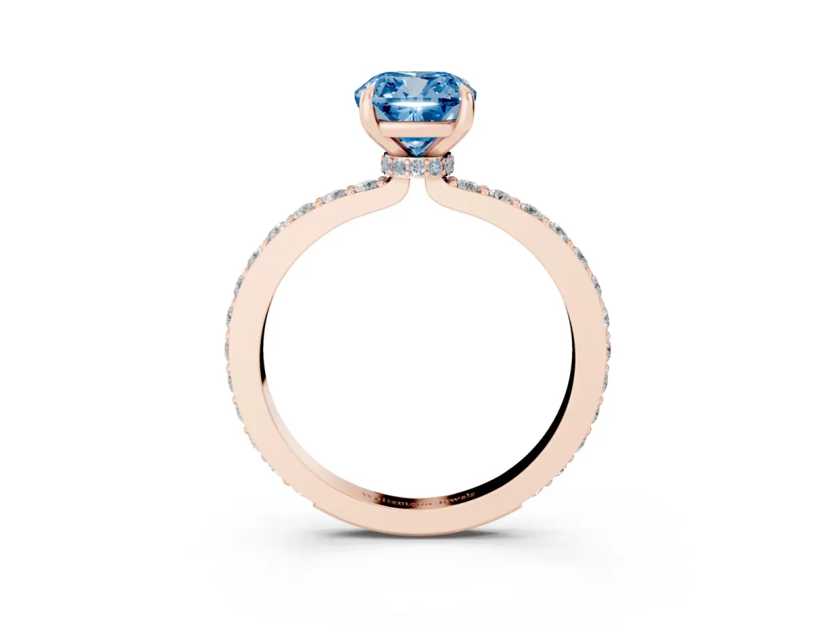 Fancy Blue Cushion Cut Diamond Pavé Engagement Ring with Round Accents and Prong Setting Rose gold
