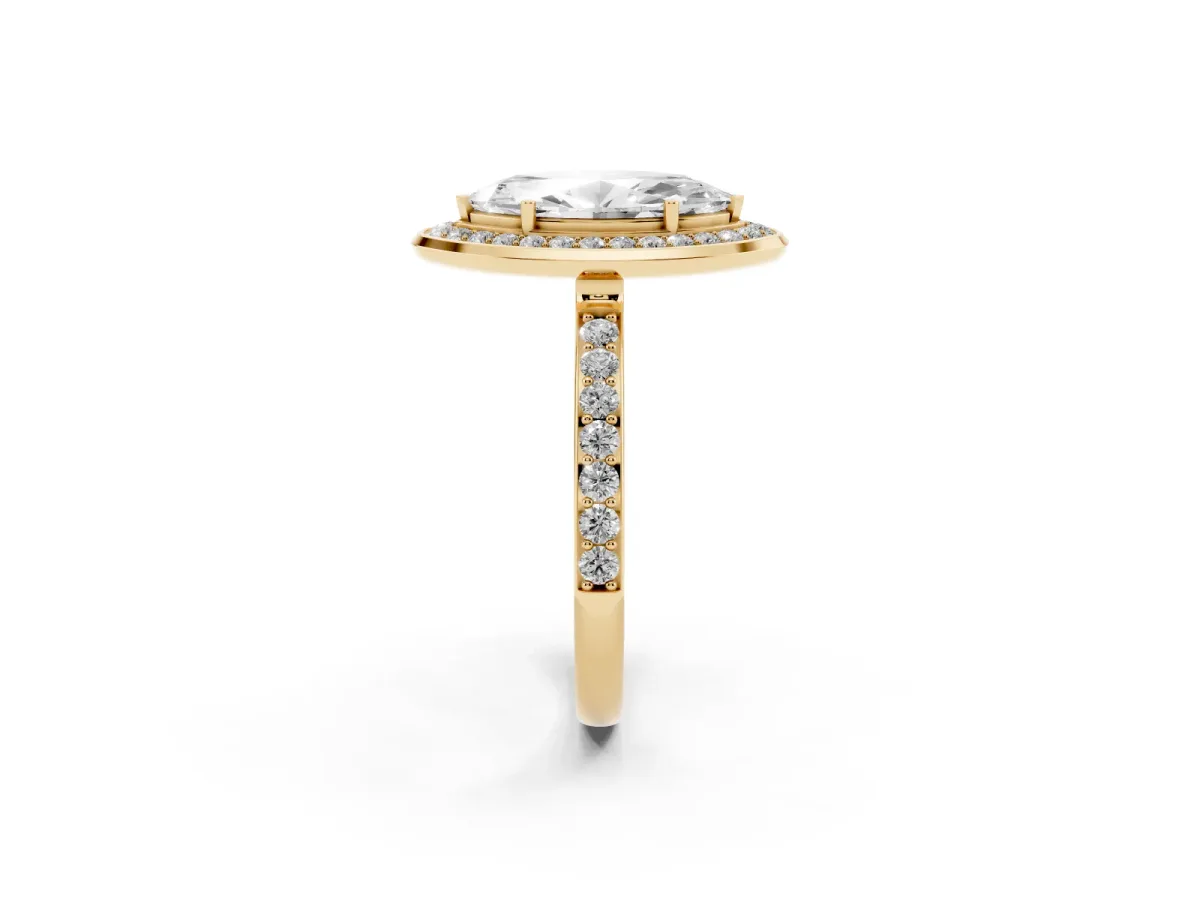 Marquise Cut Diamond Halo Ring with Bezel Frame and Pavé Band Yellow gold
