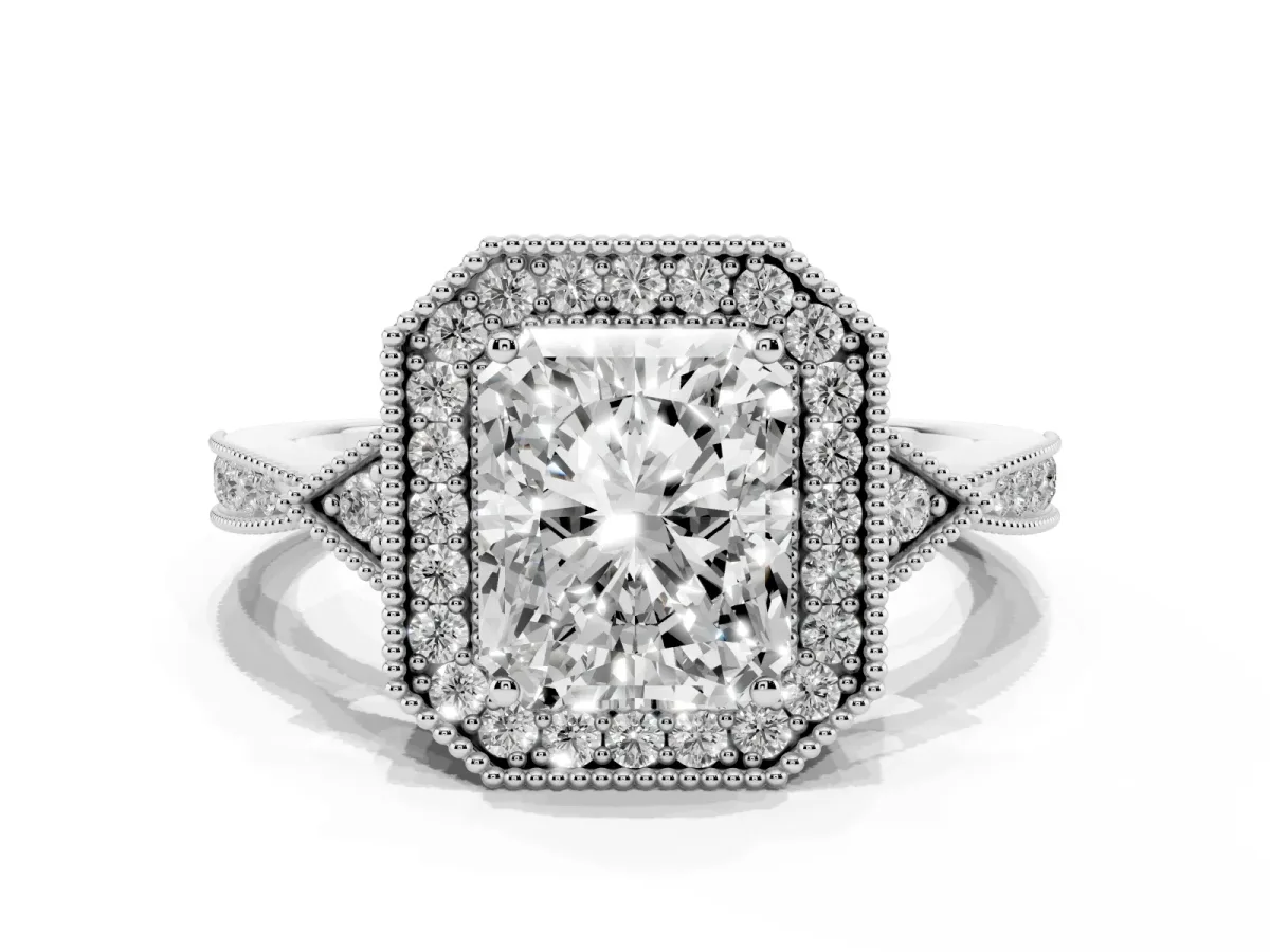 Radiant Cut Halo Round Diamond Milgrain Pave Engagement Ring Silver