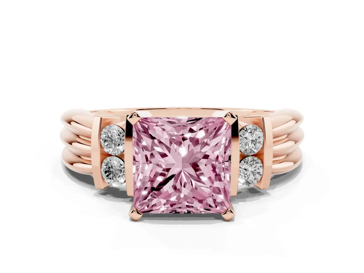 Fancy Pink Princess Cut Cut Three-Stone Channel Set Ring with Bar Prongs Rose gold