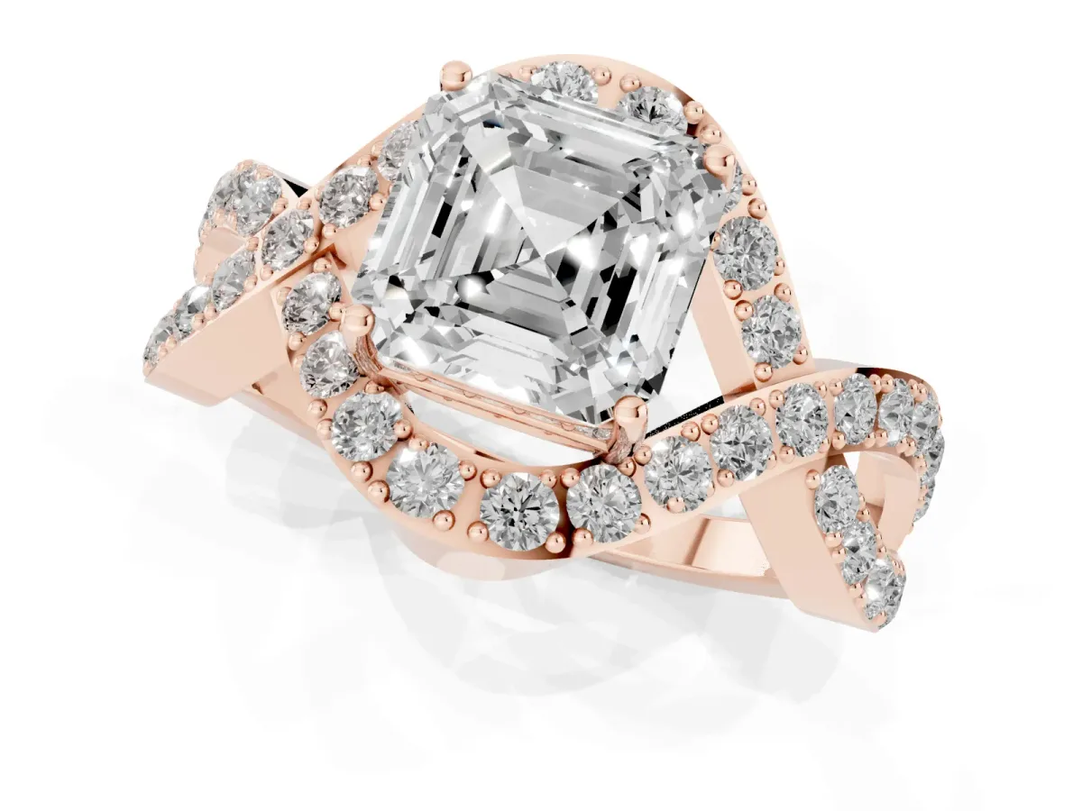 Asscher Cut Solitaire Twist Band Pavé Diamond Engagement Ring Rose gold