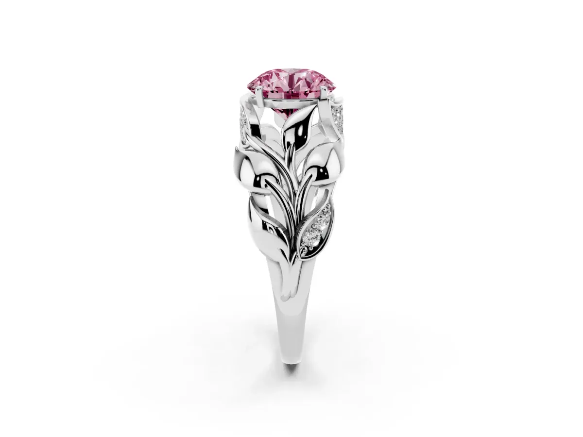 Fancy Pink Round Cut Diamond Leaf-Inspired Engagement Ring with Round Accents and Prong Setting White gold