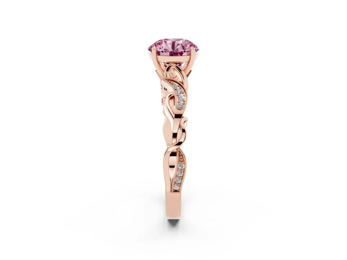 Fancy Pink Round Cut Solitaire Vine Band with Milgrain Prong Setting Rose gold