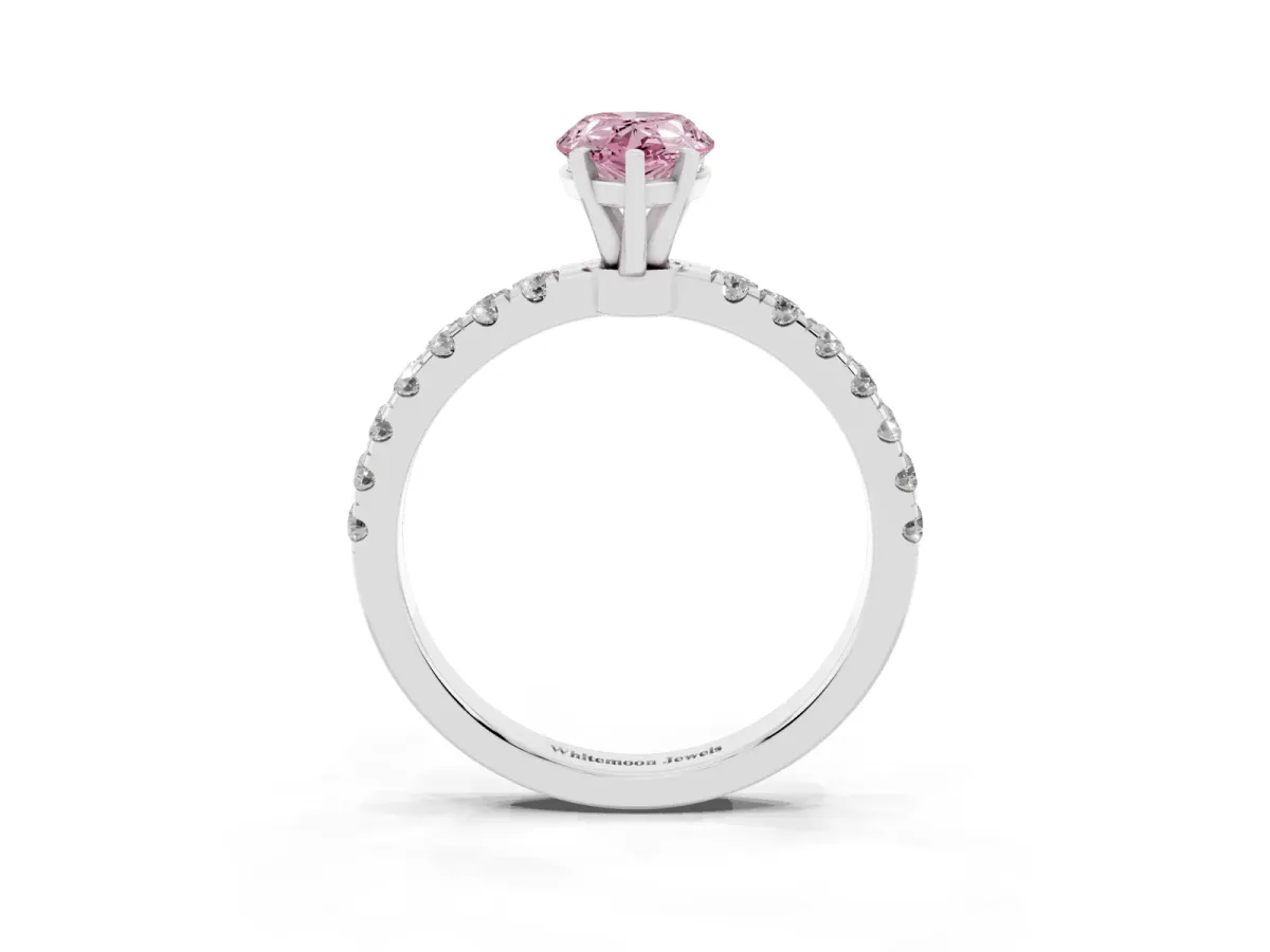 Fancy Pink Pear Cut Diamond Solitaire Ring with Pavé Accents and Four-Prong Setting White gold