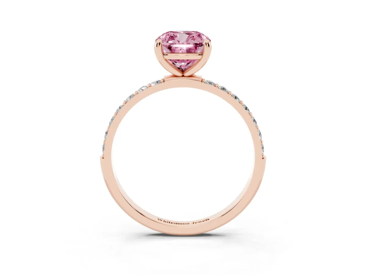 Fancy Pink Cushion Cut Diamond Solitaire Ring with Round Pavé Band and Prong Setting Rose gold