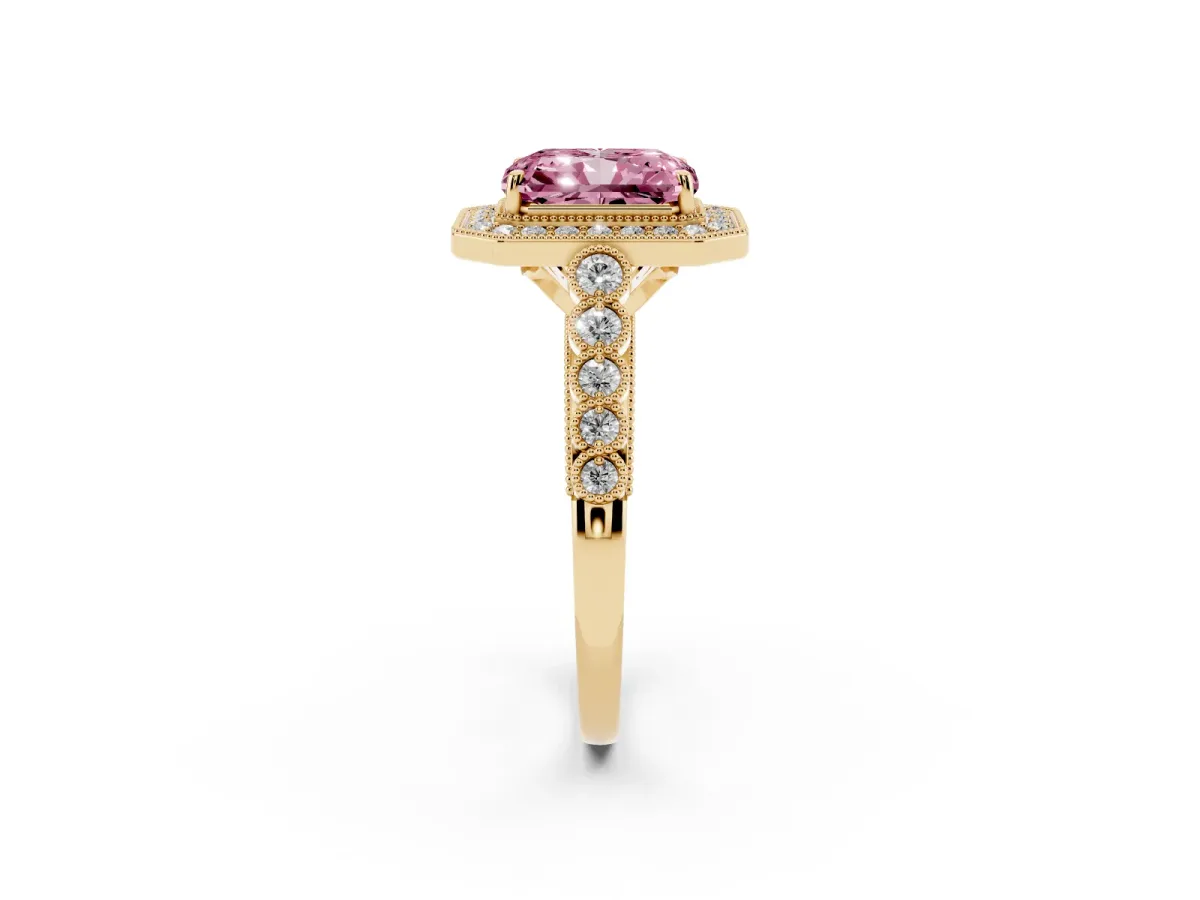 Fancy Pink Radiant Cut Halo Milgrain Solitaire with Bezel Set Side Stones and Pave Band Yellow gold