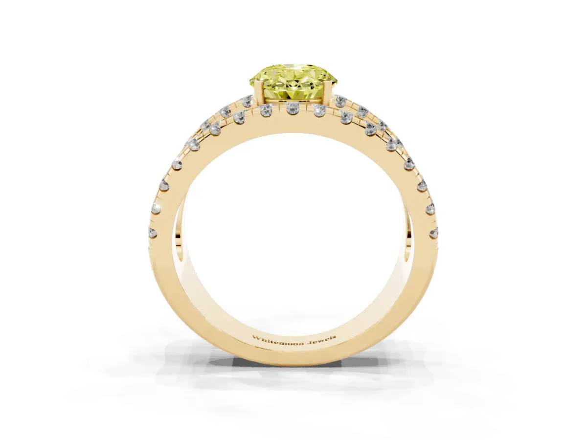 Fancy Yellow Oval Cut Solitaire Split Shank Pave Diamond Ring Yellow gold