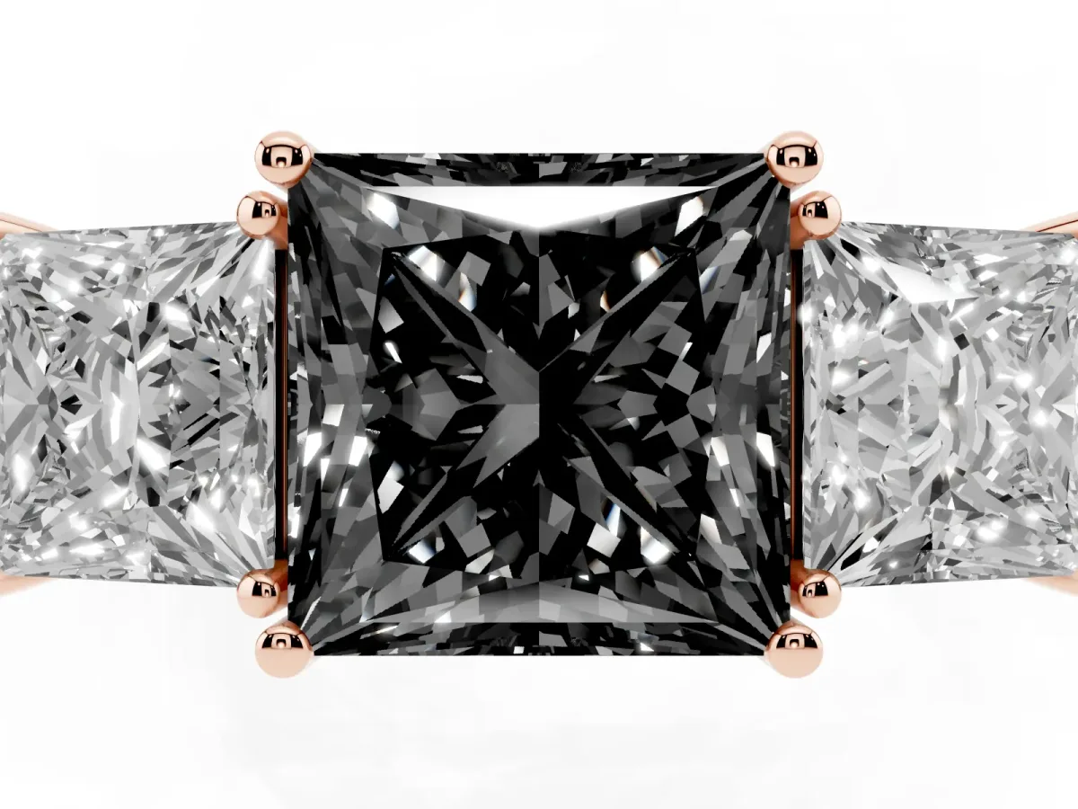 Fancy Black Three-Stone Princess Cut Cut Diamond Engagement Ring with Flat Band and Four-Prong Setting Rose gold