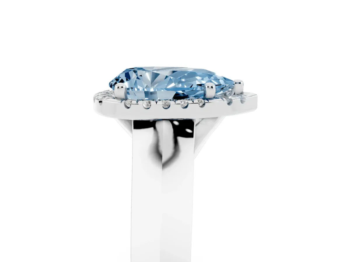 Fancy Blue Pear Cut Halo Diamond Ring with Cathedral Band and Four-Prong Setting White gold