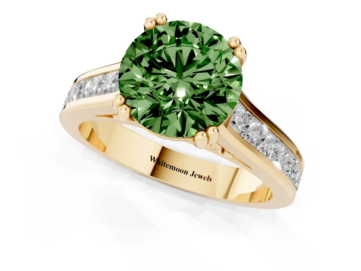 Fancy Green Round Cut Cut Channel Set Solitaire Engagement Ring with Prong Setting Yellow gold