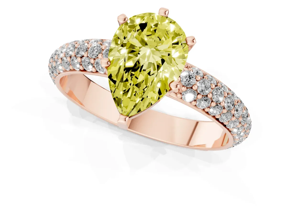 Fancy Yellow Pear Cut Diamond Solitaire Ring with Prong Setting and Pavé Band Rose gold