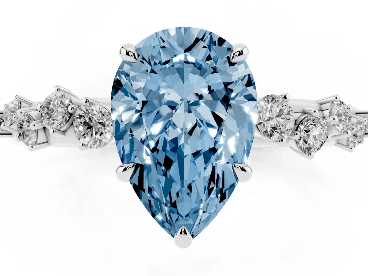 Fancy Blue Pear Cut Diamond Cluster Prong-Set Solitaire Ring Silver