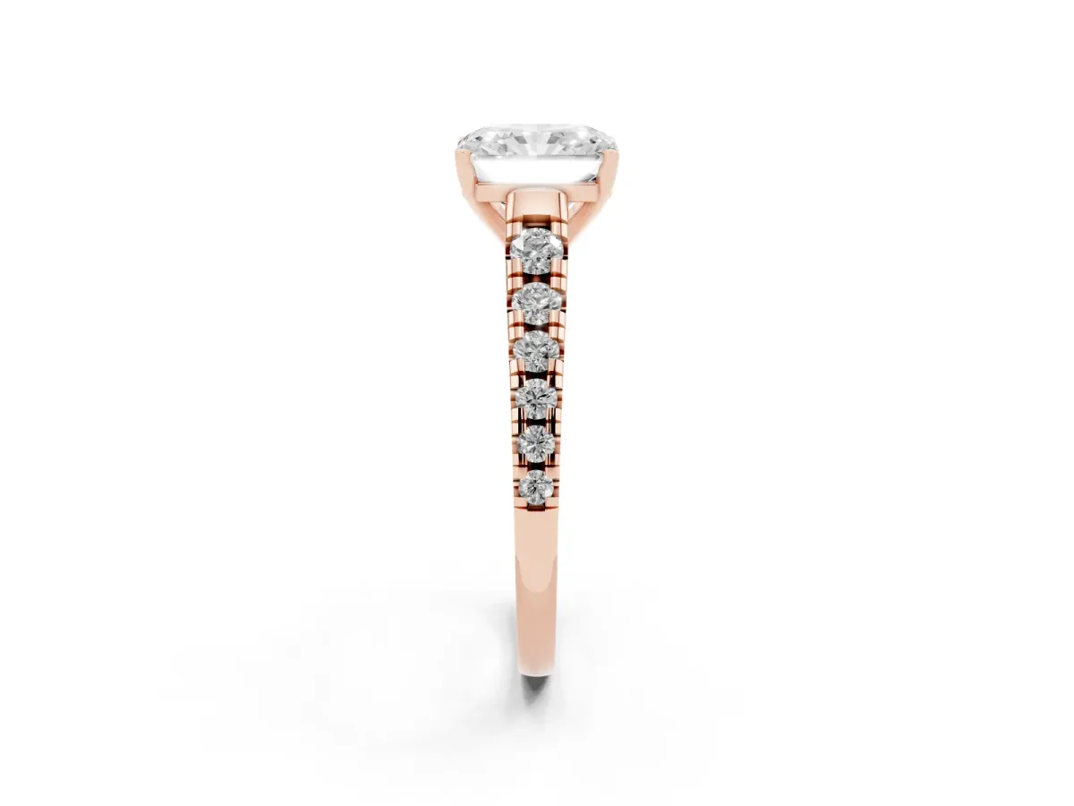 Radiant Cut Diamond Cathedral Solitaire Ring with Round Pavé Band Rose gold