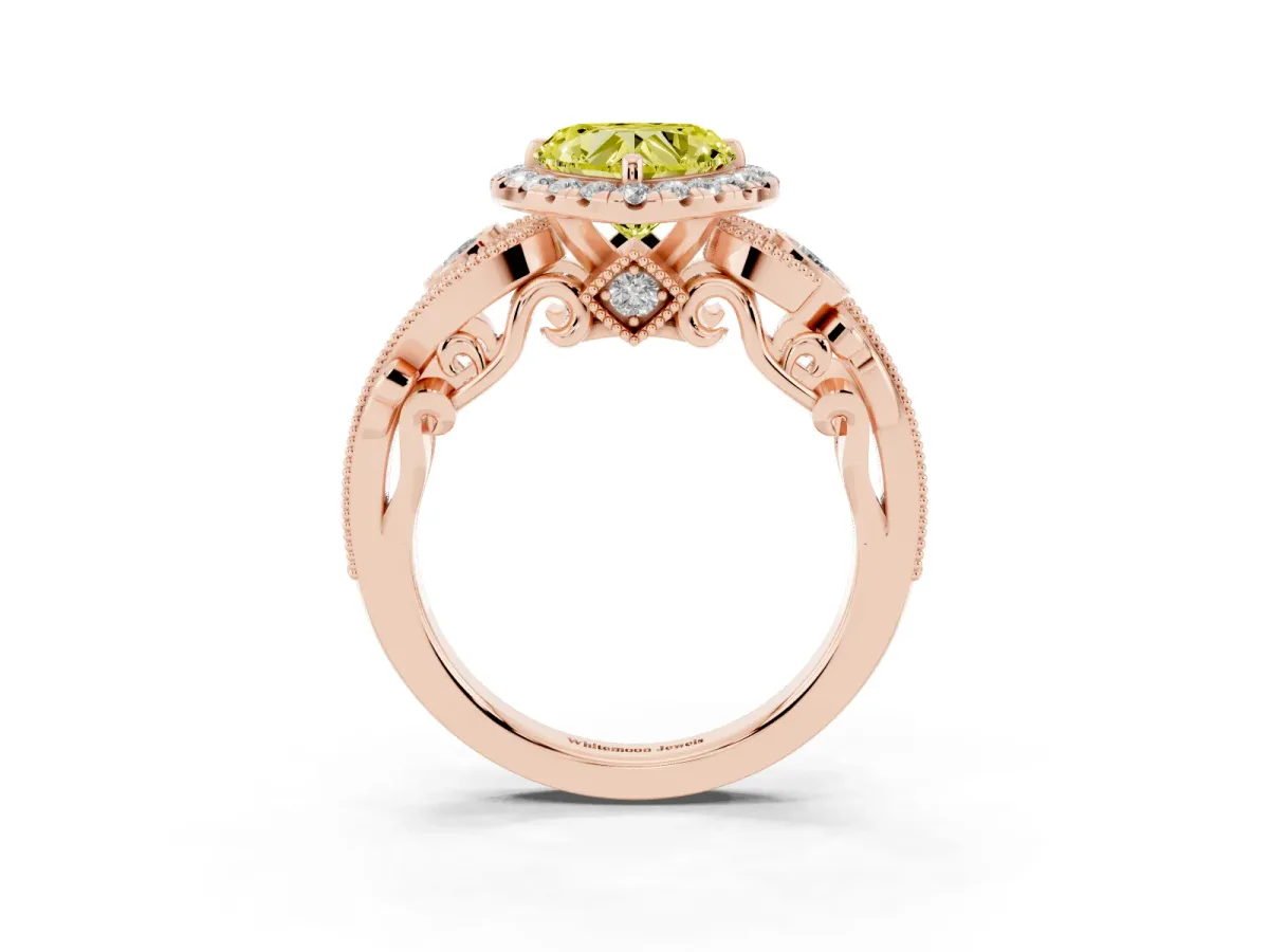 Fancy Yellow Heart Cut Diamond Halo Ring with Milgrain Pavé Band and Four-Prong Setting Rose gold