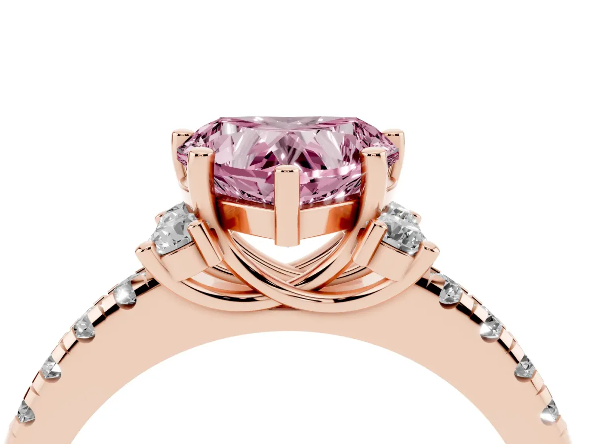 Fancy Pink Heart Cut Diamond Three-Stone Pave Band with Four-Prong Setting Rose gold
