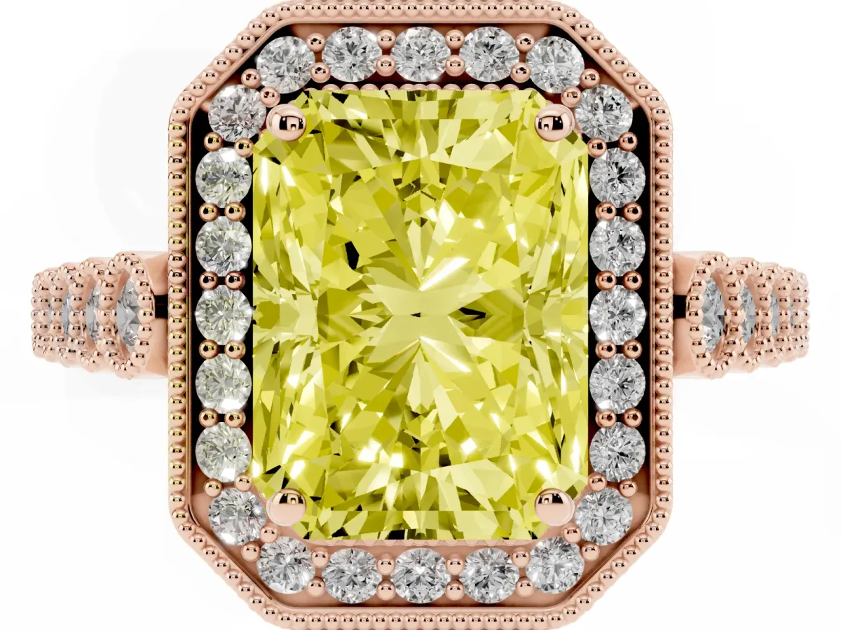 Fancy Yellow Radiant Cut Halo Milgrain Solitaire with Bezel Set Side Stones and Pave Band Rose gold