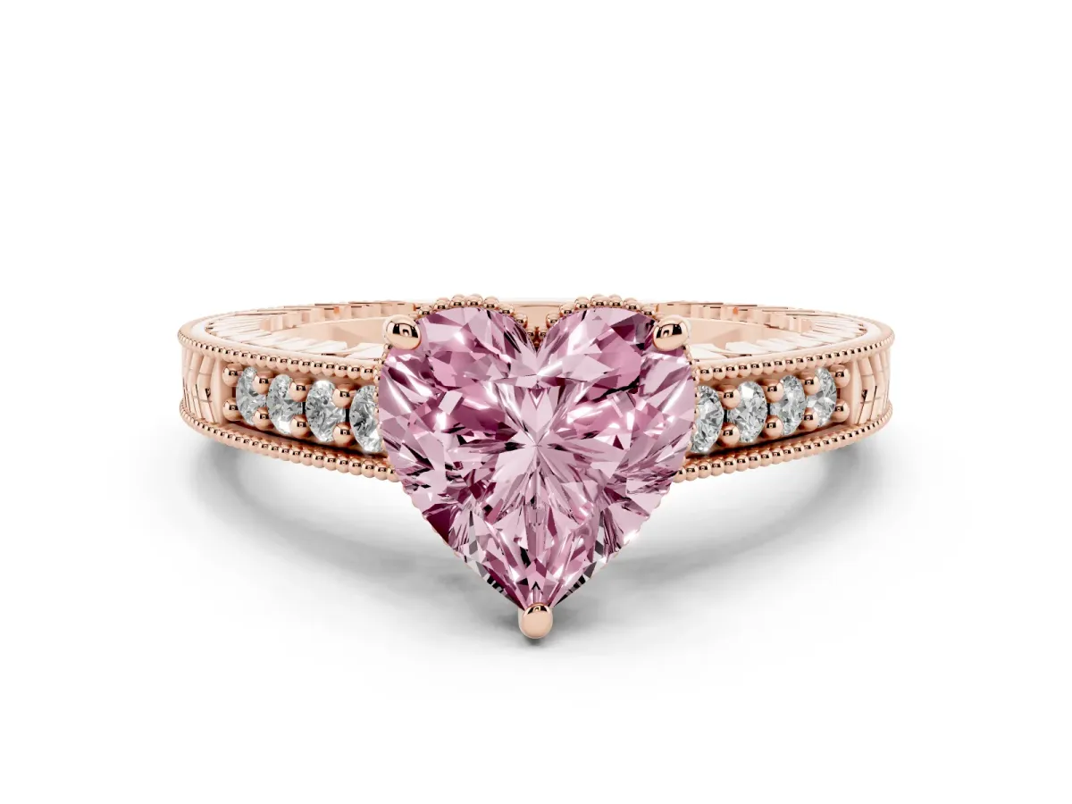 Fancy Pink Heart Cut Solitaire Pavé Diamond Milgrain Engagement Ring with Four-Prong Setting Rose gold