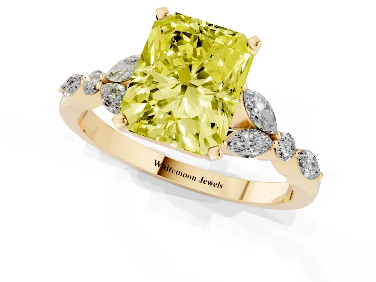 Fancy Yellow Radiant Cut Diamond Solitaire Ring with Side Stones and Four-Prong Setting Yellow gold