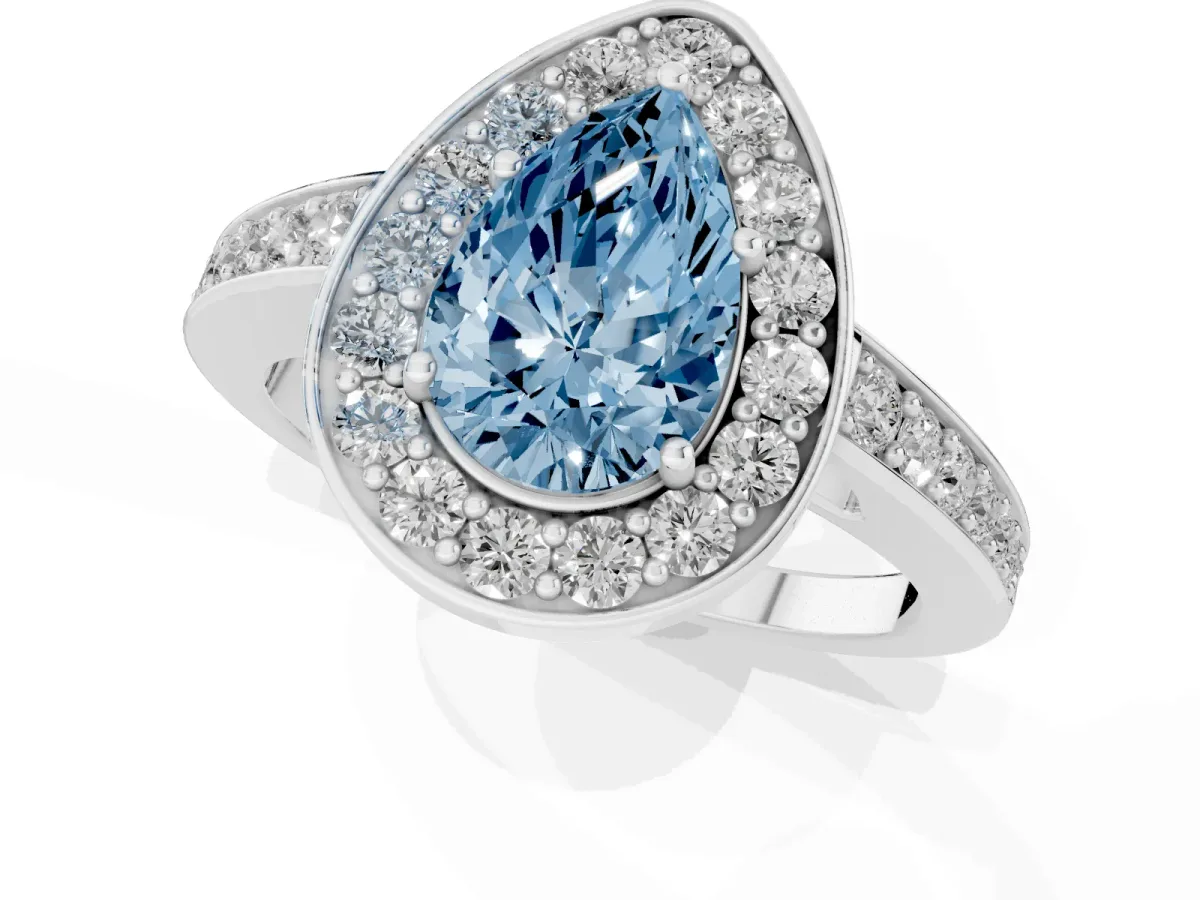 Fancy Blue Pear Cut Halo Pavé Diamond Engagement Ring with Bezel Setting Platinum
