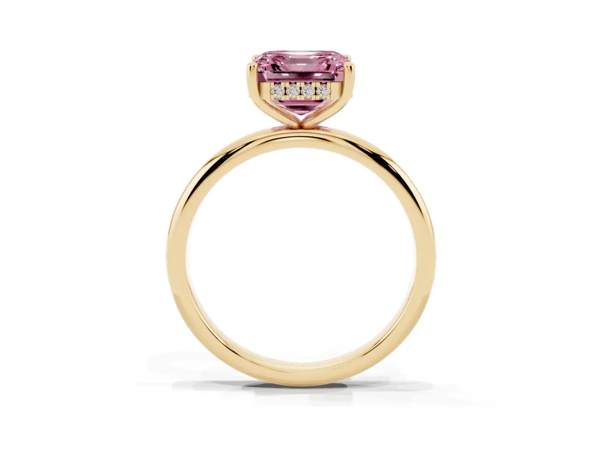 Fancy Pink Asscher Cut Cut Solitaire Engagement Ring with Four-Prong Setting and Classic Band Yellow gold