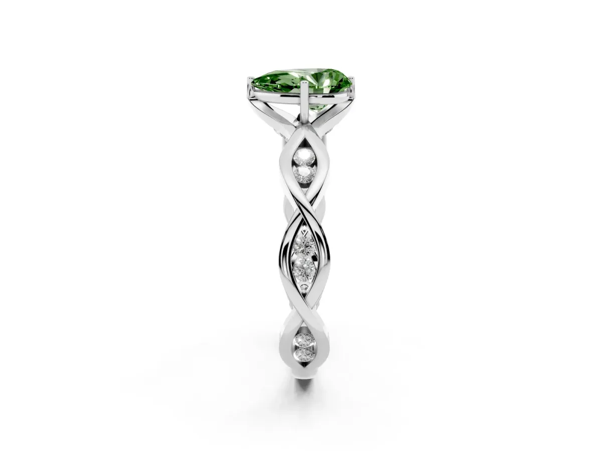 Fancy Green Pear Cut Solitaire Twist Band with Leaf Prong Setting White gold