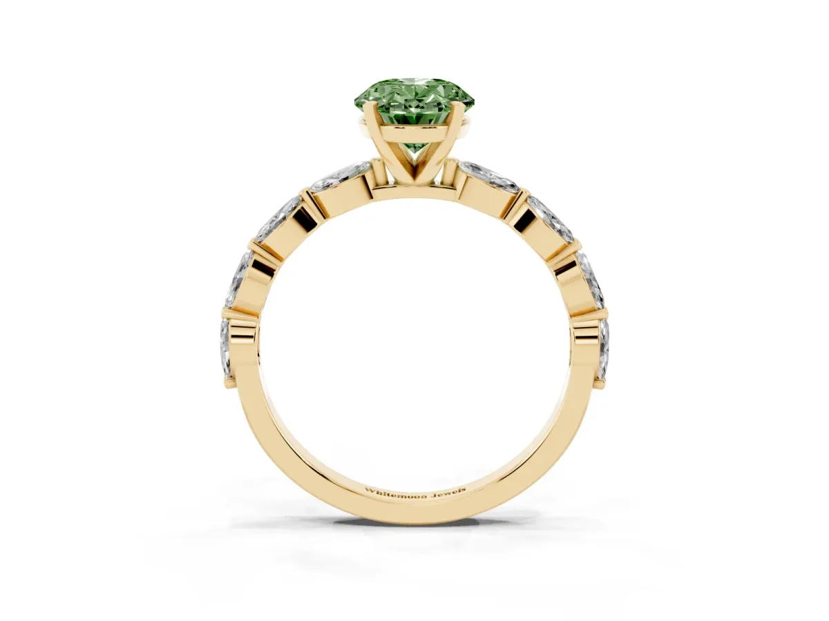 Fancy Green Oval Cut Diamond Ring with Marquise Side Stones and Prong Setting Yellow gold