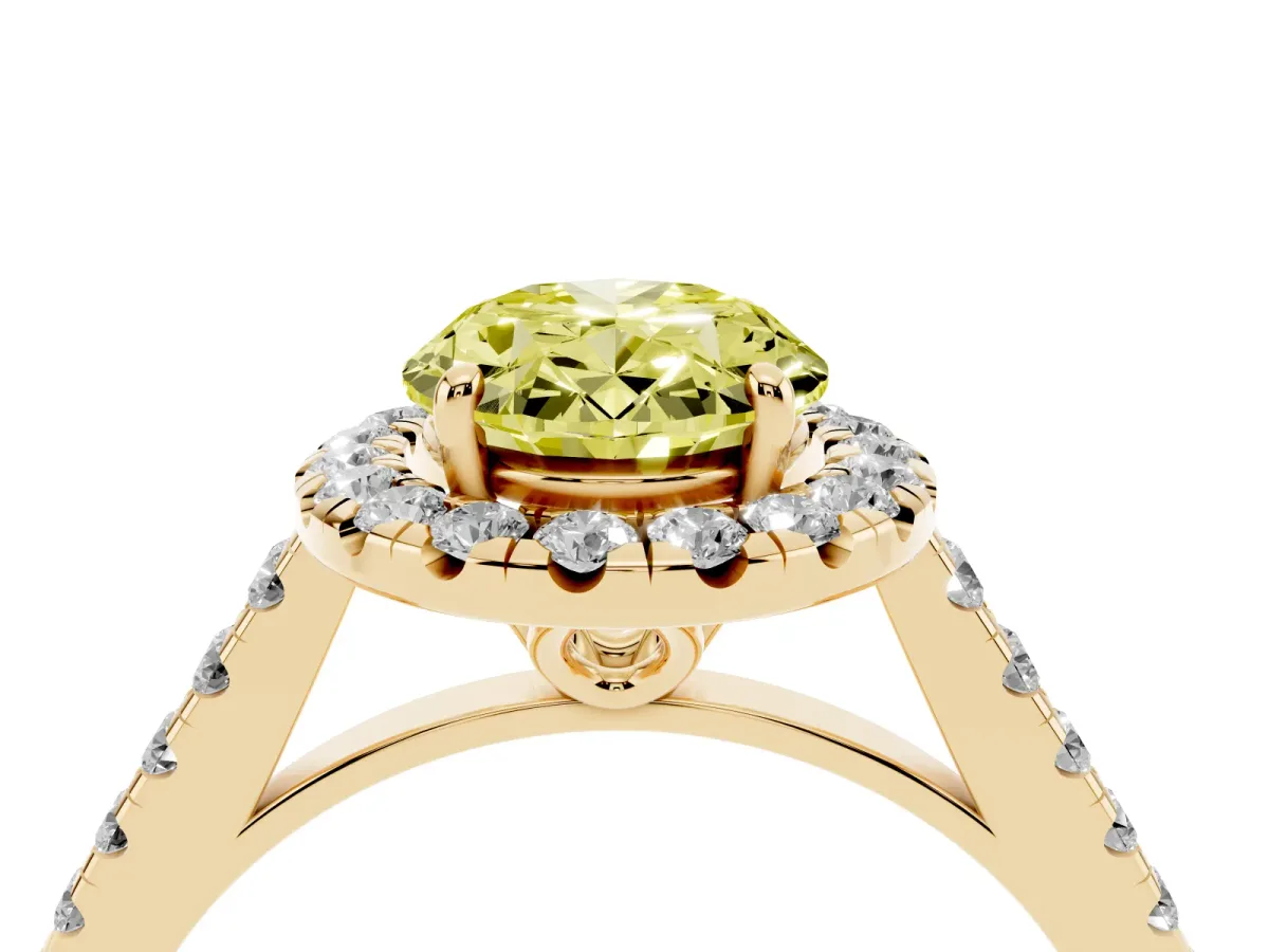 Fancy Yellow Oval Cut Halo Pavé Diamond Engagement Ring with Four-Prong Setting Yellow gold