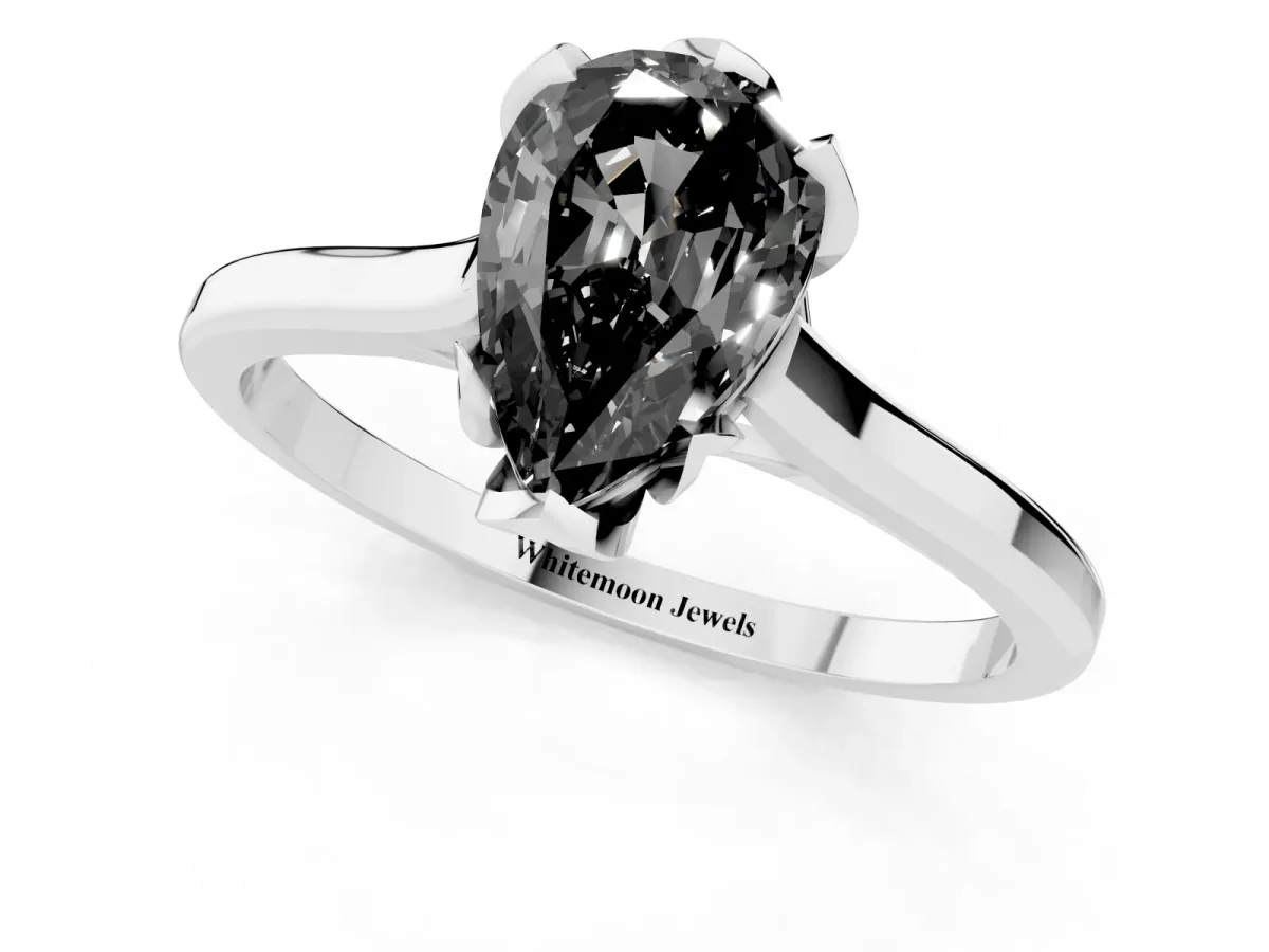 Fancy Black Pear Cut Diamond Solitaire Ring with Flower Prong Setting and Classic Band Silver