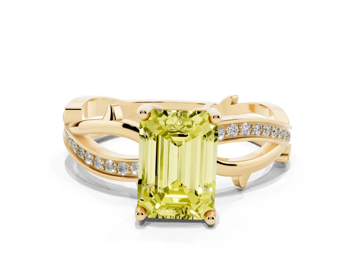 Fancy Yellow Emerald Cut Solitaire Twist Band with Pavé Accents and Four-Prong Setting Yellow gold