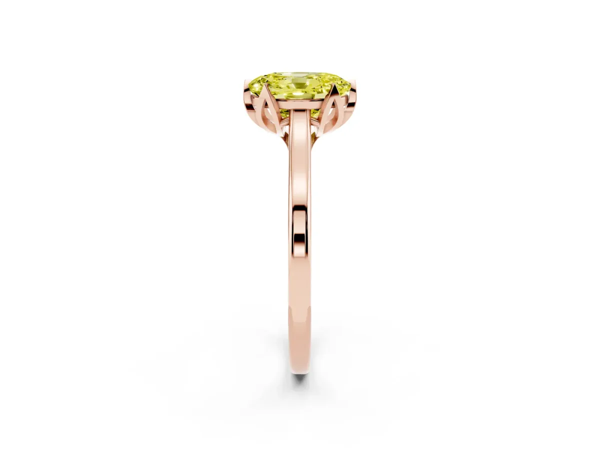 Fancy Yellow Oval Cut Diamond Solitaire Ring with Flower Prong Setting and Classic Band Rose gold