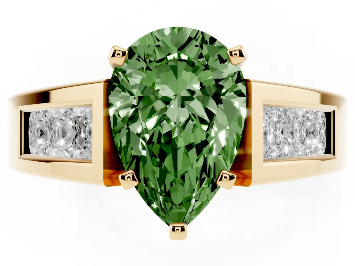 Fancy Green Pear Cut Cut Channel Set Solitaire Ring with Four-Prong Setting Yellow gold