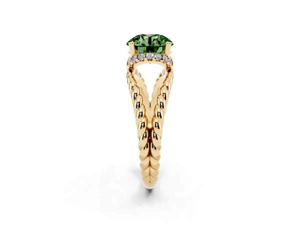 Fancy Green Round Cut Halo Twisted Band Four-Prong Ring Yellow gold