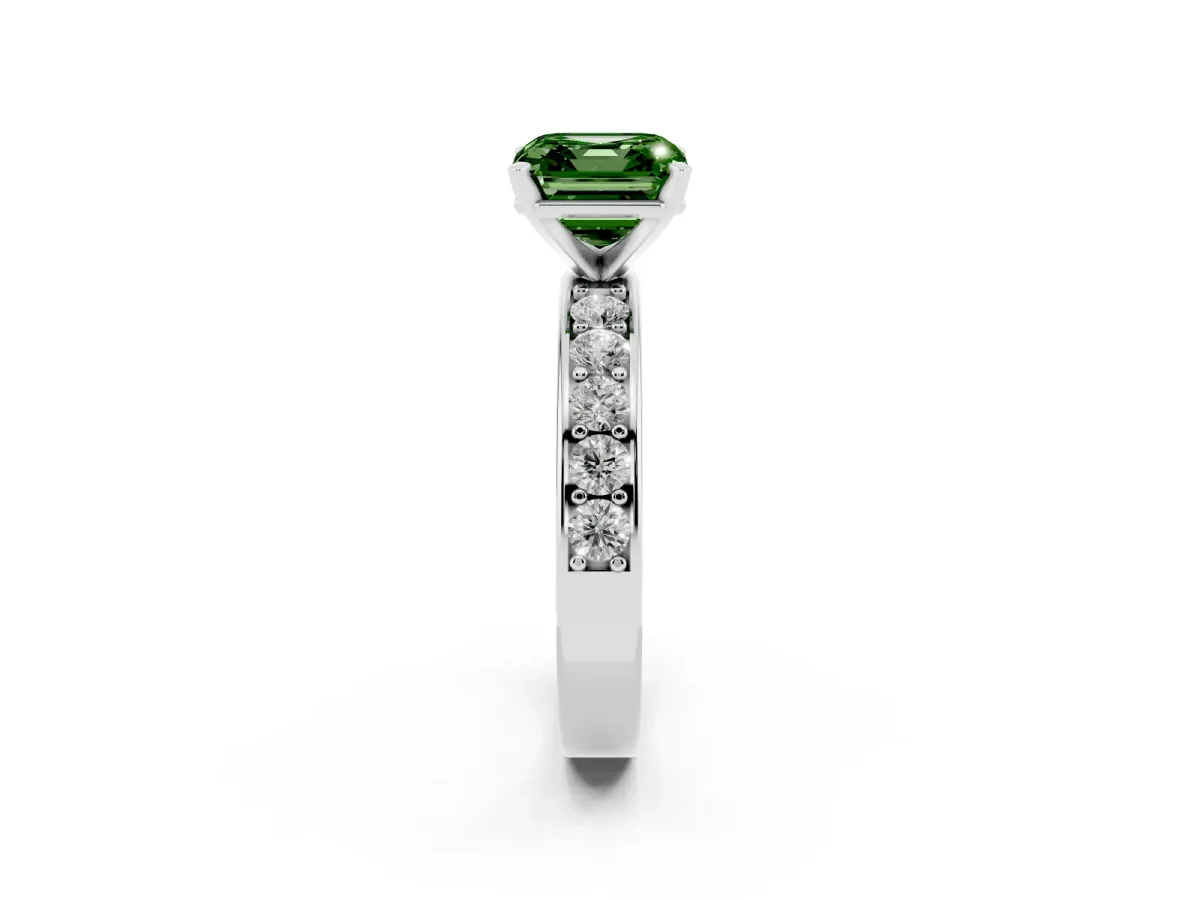 Fancy Green Asscher Cut Diamond Engagement Ring with Channel Set Round Band and Prong Setting Platinum
