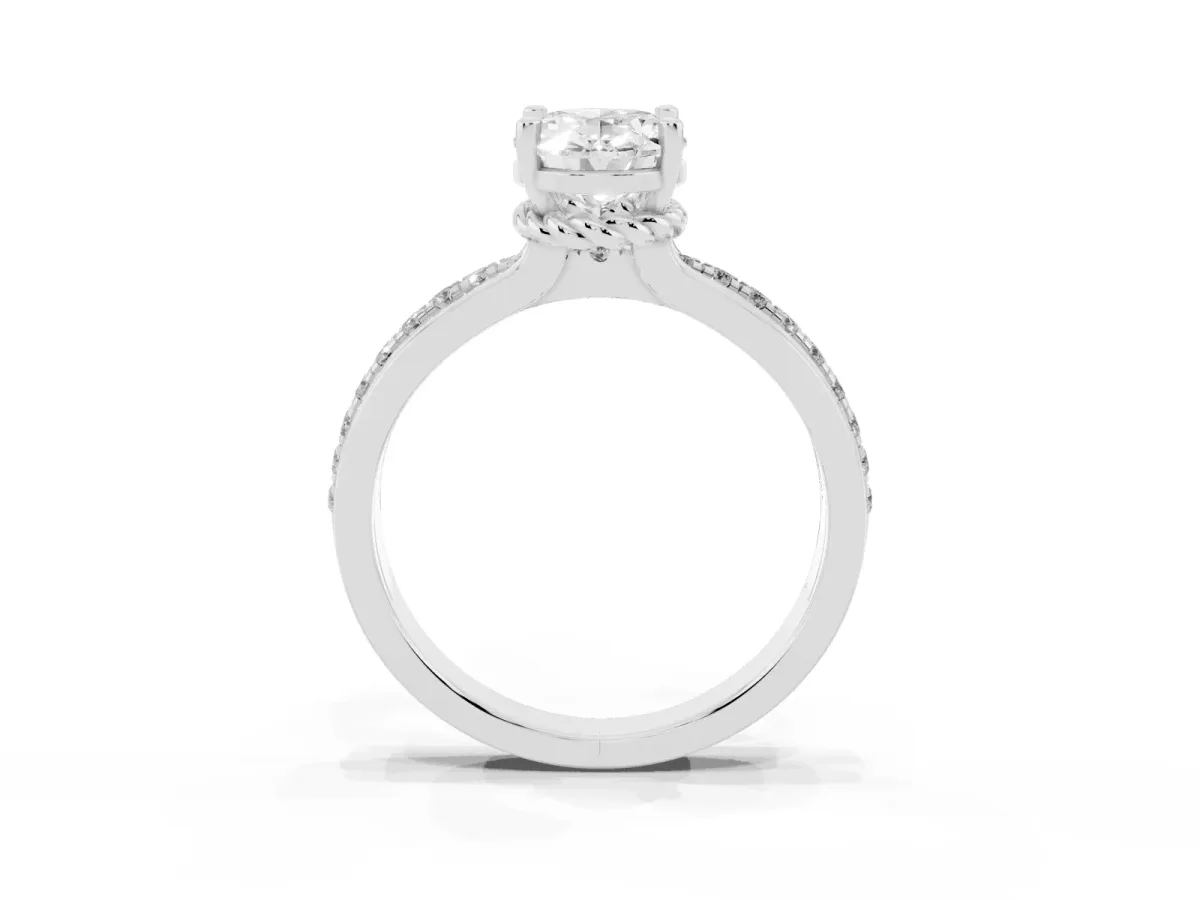 Oval Cut Solitaire Diamond Ring with Channel Set Band and Six-Prong Setting Silver