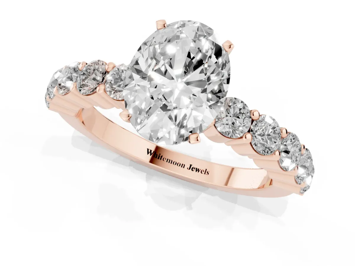 Oval Cut Diamond Solitaire Ring with Shared Prong Round Side Stones Rose gold