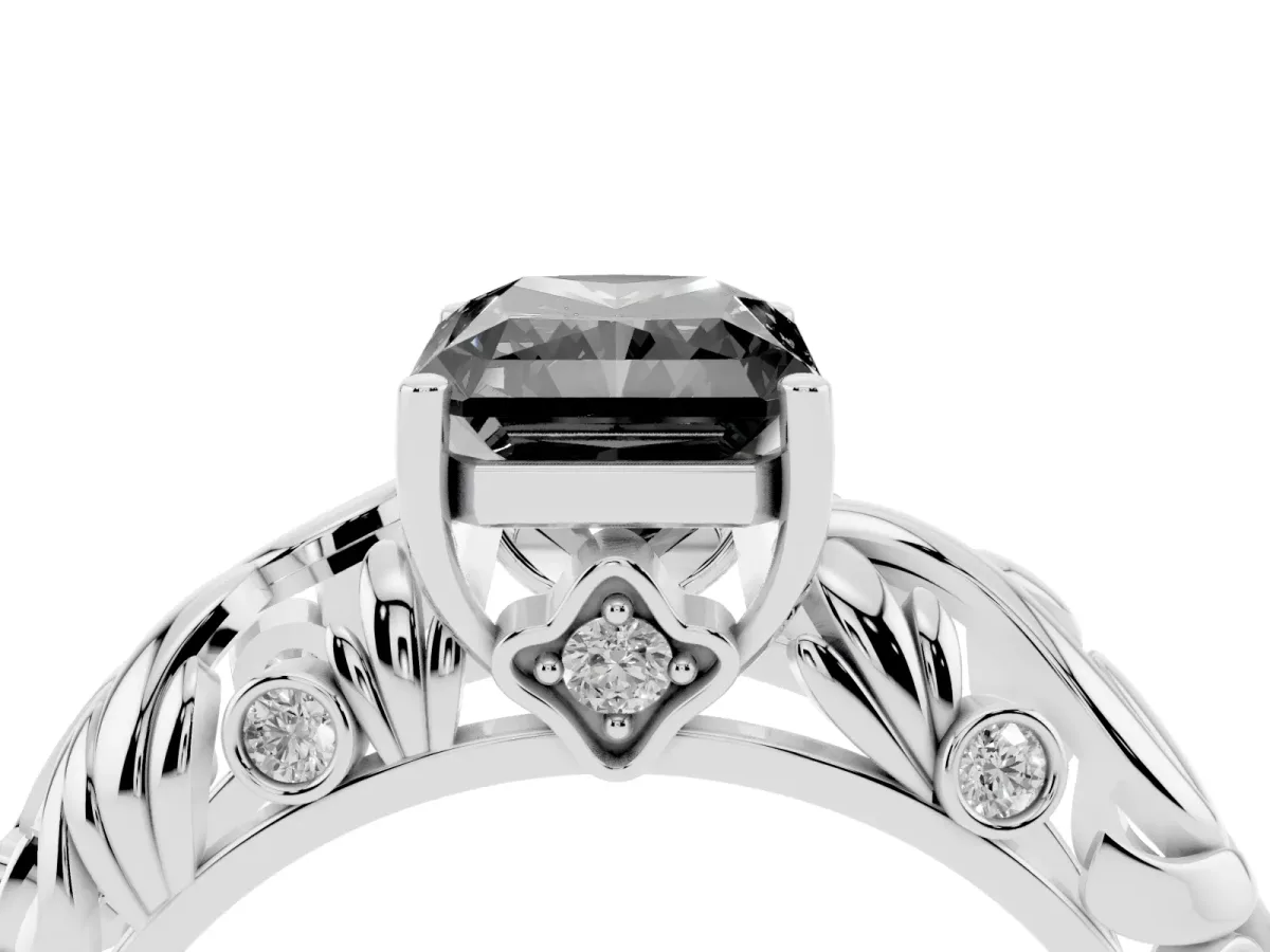 Fancy Black Radiant Cut Solitaire Diamond Leaf-Inspired Vine Band Ring with Prong Setting Platinum