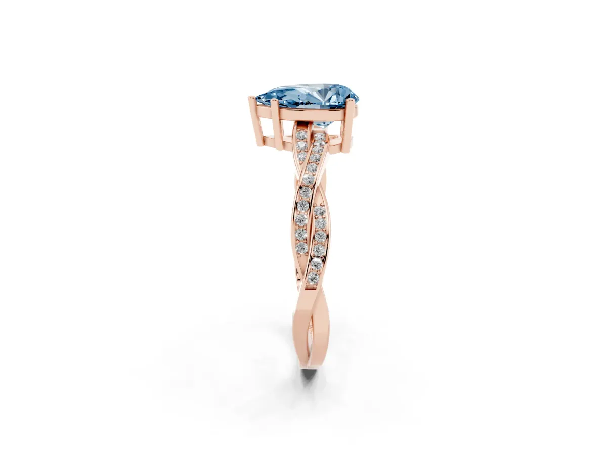 Fancy Blue Pear Cut Solitaire Twisted Pave Diamond Ring with Four-Prong Setting Rose gold