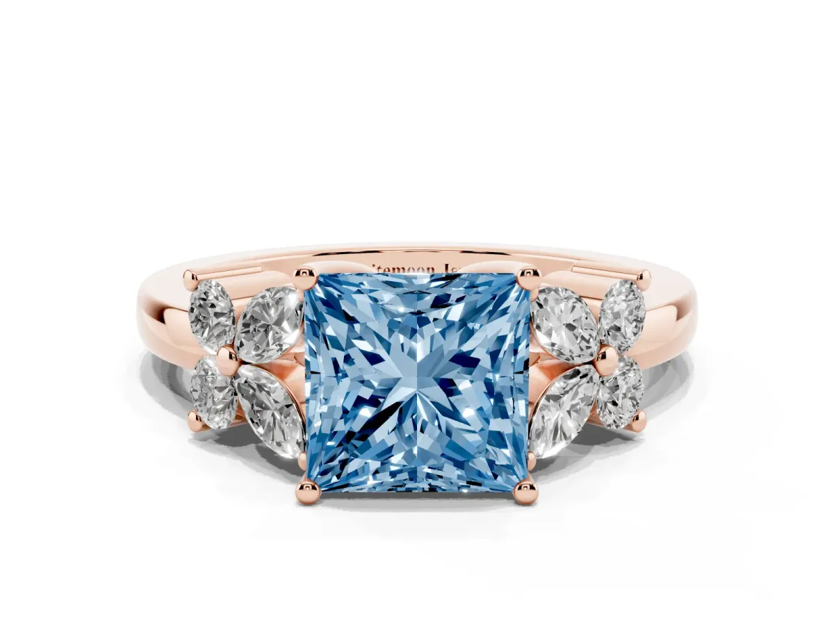 Fancy Blue Princess Cut Diamond Floral Cluster Ring with Solitaire Band and Prong Setting Rose gold