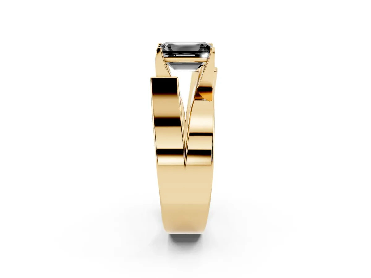 Fancy Black Modern Tension Set Emerald Cut Diamond Solitaire Wide Band Ring Yellow gold