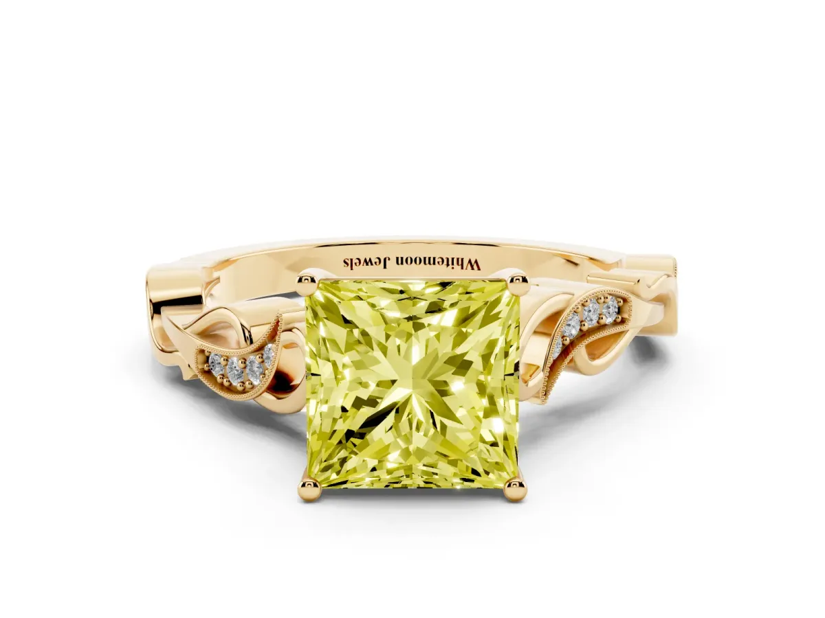 Fancy Yellow Princess Cut Solitaire Vine Band with Milgrain Prong Setting Yellow gold