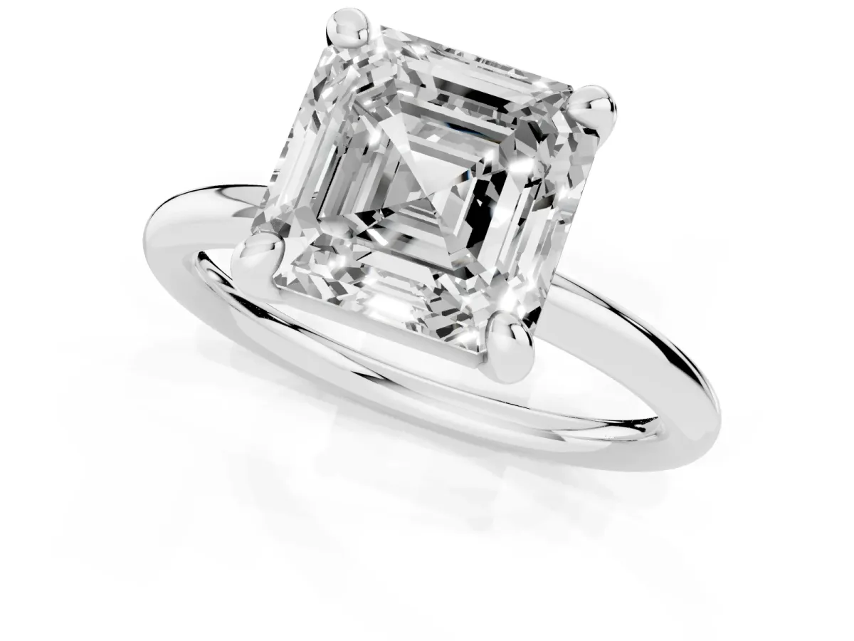 Asscher Cut Solitaire Diamond Ring with Four-Prong Setting on a Plain Band Platinum