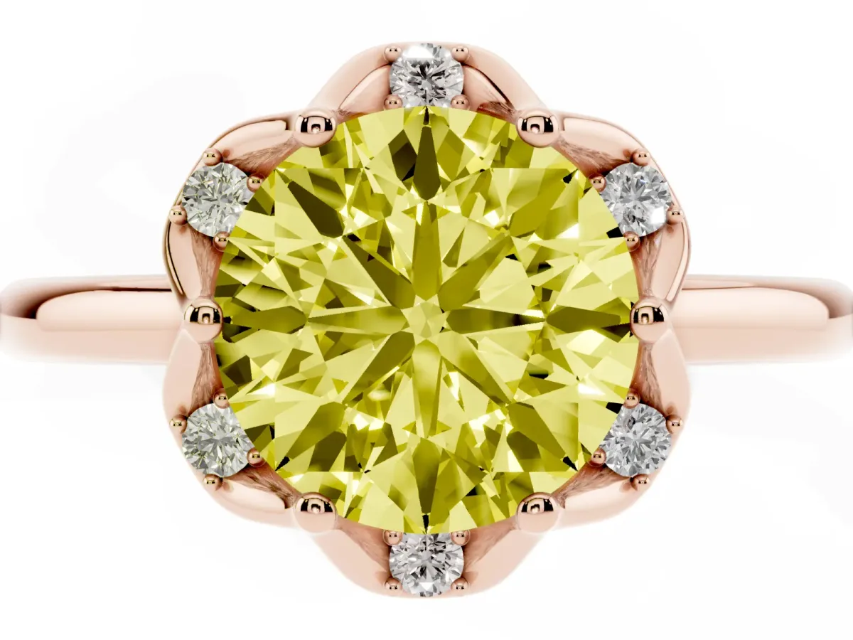 Fancy Yellow Round Cut Halo Diamond Ring with Round Cluster Setting, Solitaire Band, and Four-Prong Setting Rose gold