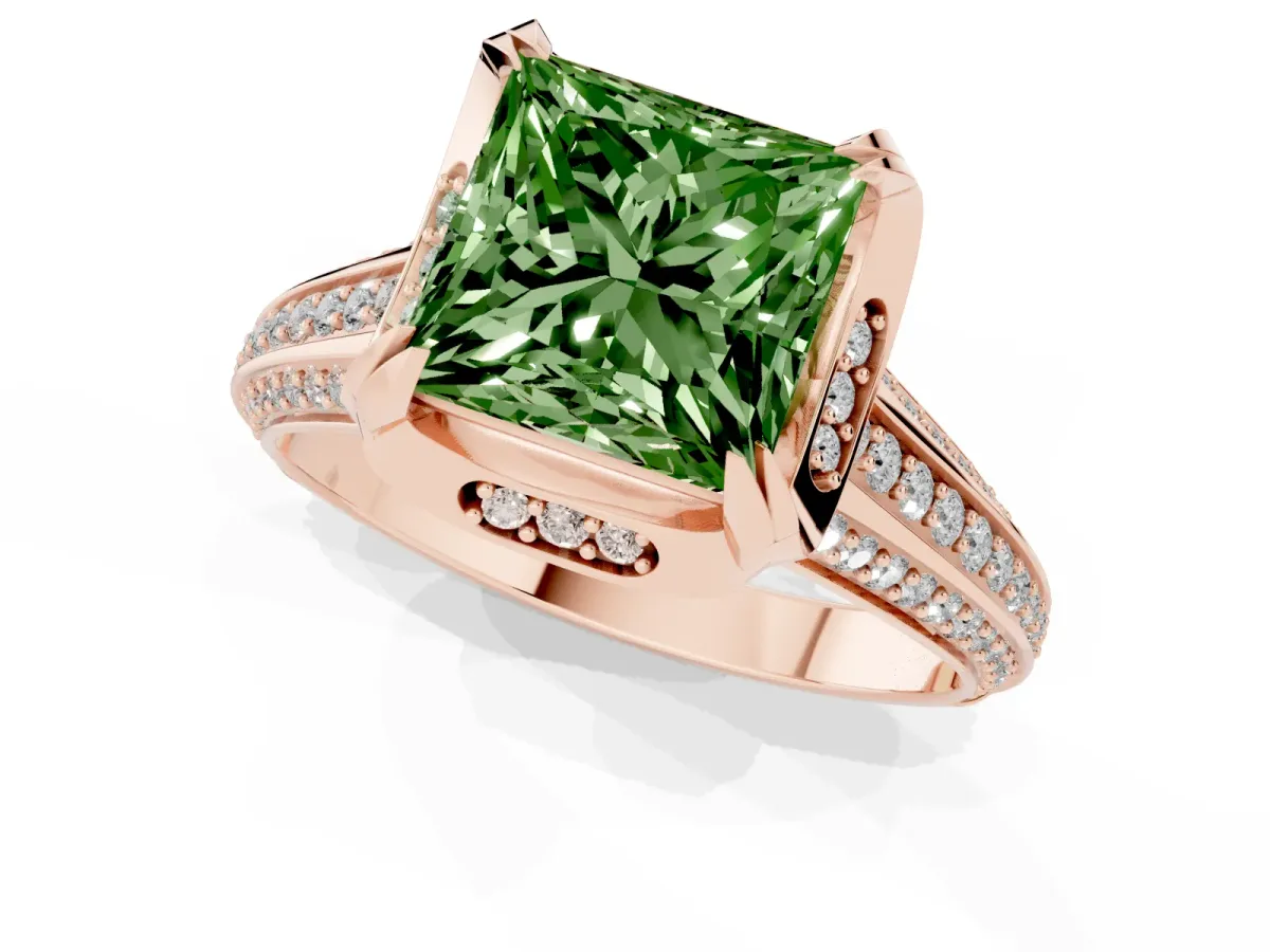 Fancy Green Princess Cut Solitaire Pave Split Shank Ring with Four-Prong Setting Rose gold