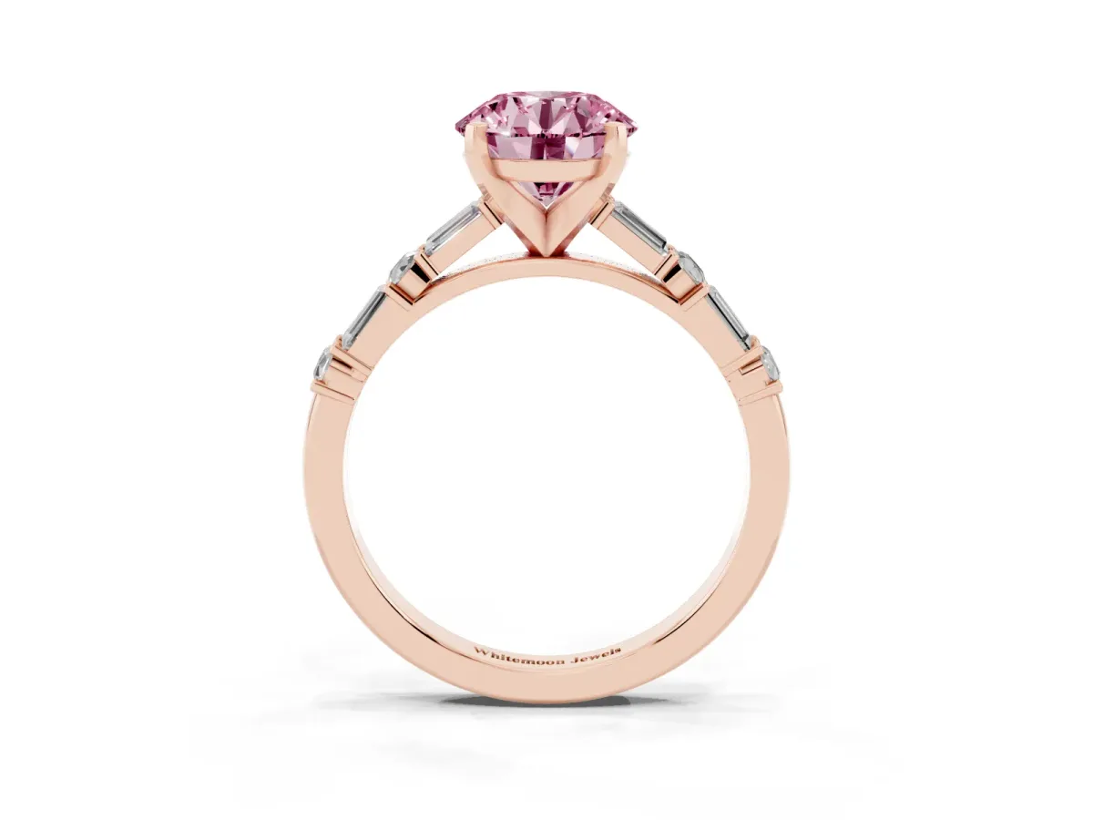 Fancy Pink Round Cut Diamond Solitaire with Side Baguettes and Channel Set Band Rose gold