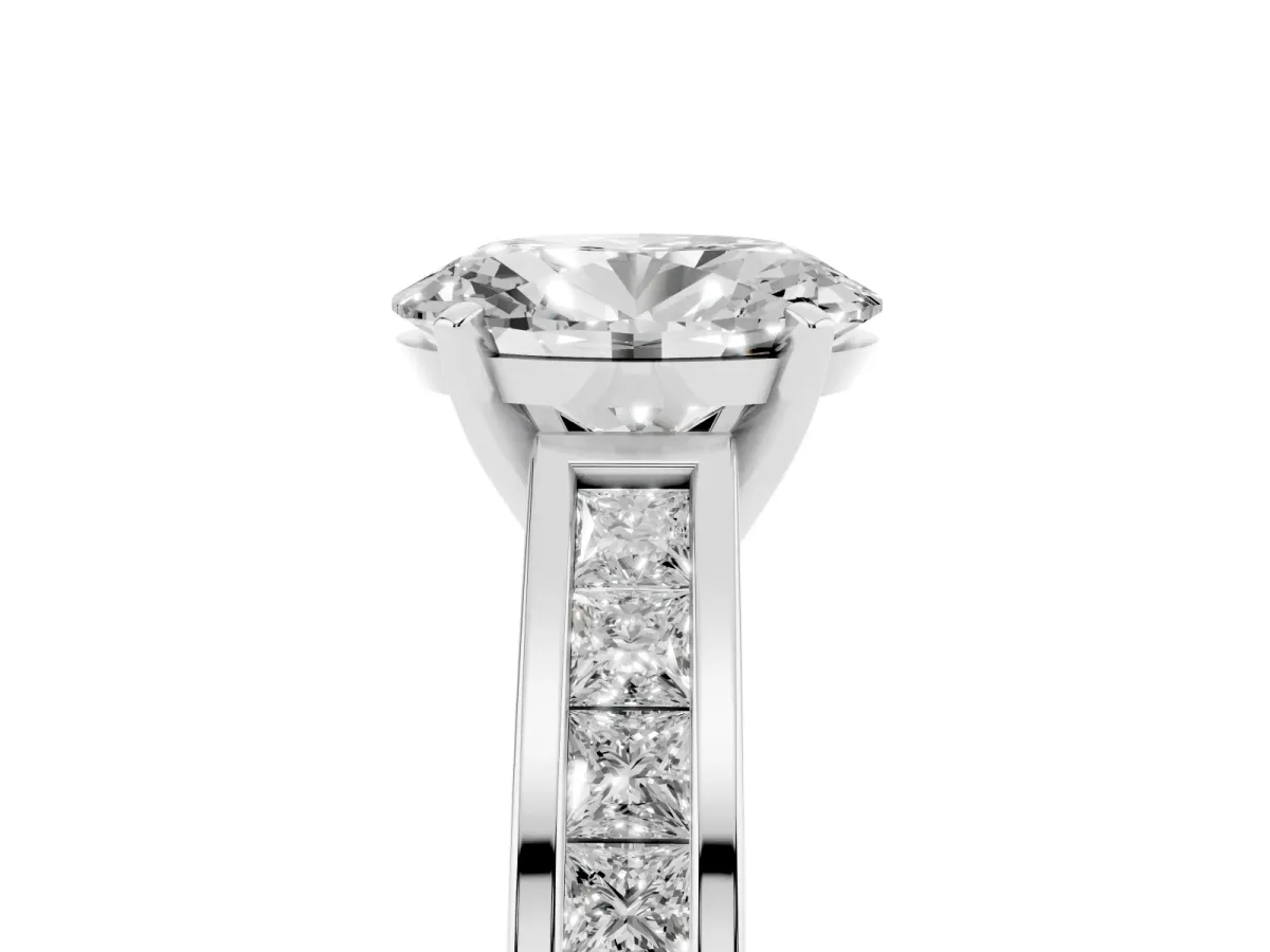 Oval Cut Solitaire Diamond Ring with Channel-Set Band and Four-Prong Setting White gold