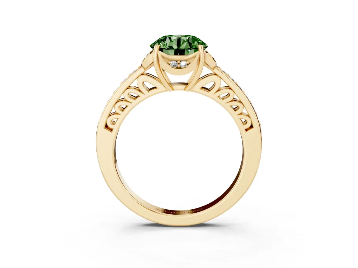 Fancy Green Round Cut Cut Halo Diamond Ring with Channel Set Band and Four-Prong Setting Yellow gold