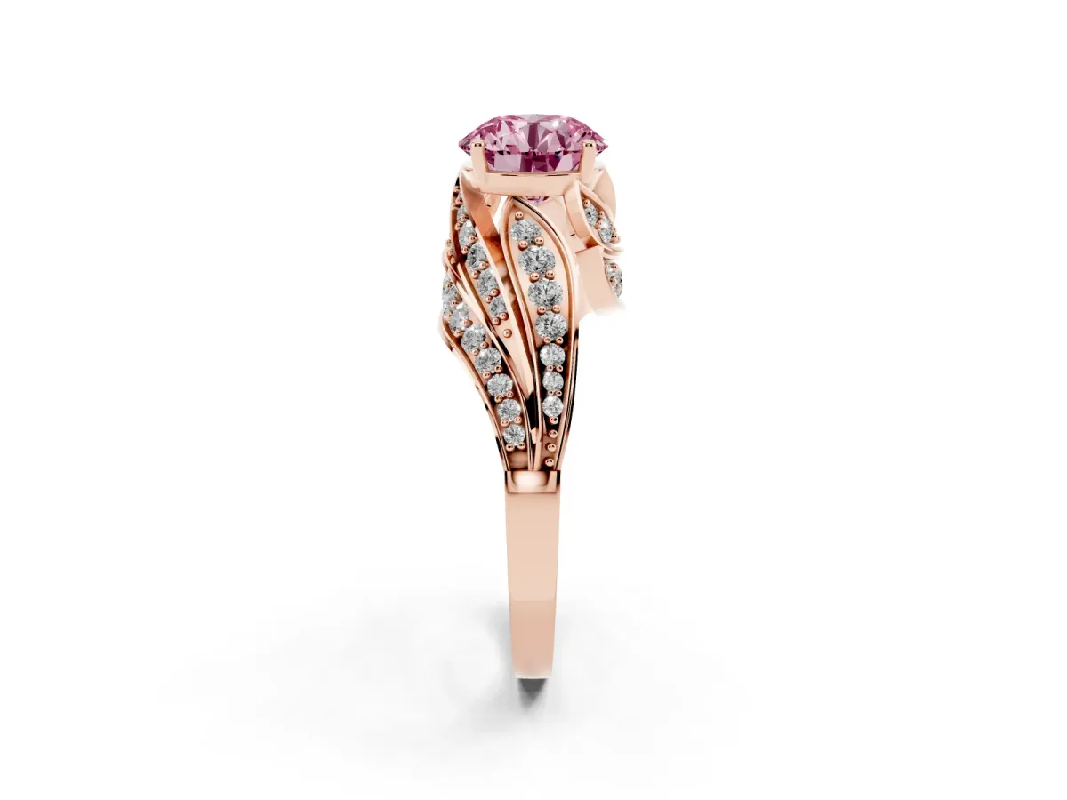 Fancy Pink Round Cut Diamond Solitaire Ring with Prong Setting and Twisted Pavé Band Rose gold